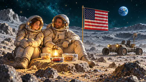 Adult astronauts with a snack picnic on the moon beside a planted flag and small Earth. Thirteen stripes and a neat canton dream skyward.