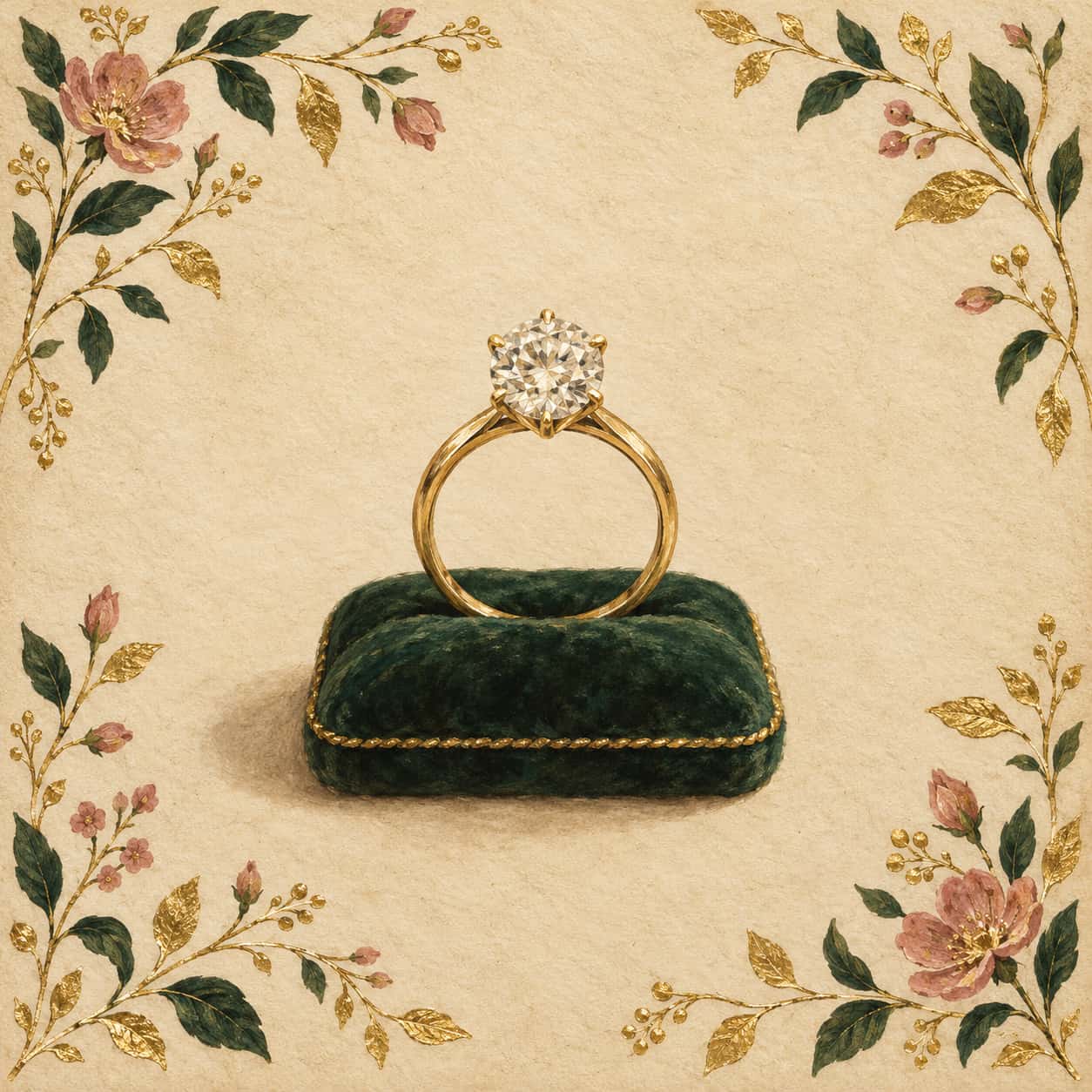 A plain solitaire ring with a round stone on a slim gold band stands on a small velvet cushion in the centre of four margins of painted stems and raised gold leaf.