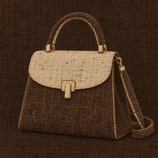 A plain structured top handle handbag with a clean curved flap and a metal clasp is shown in broad dark mud dye fields on woven cloth with cleared cream highlights.