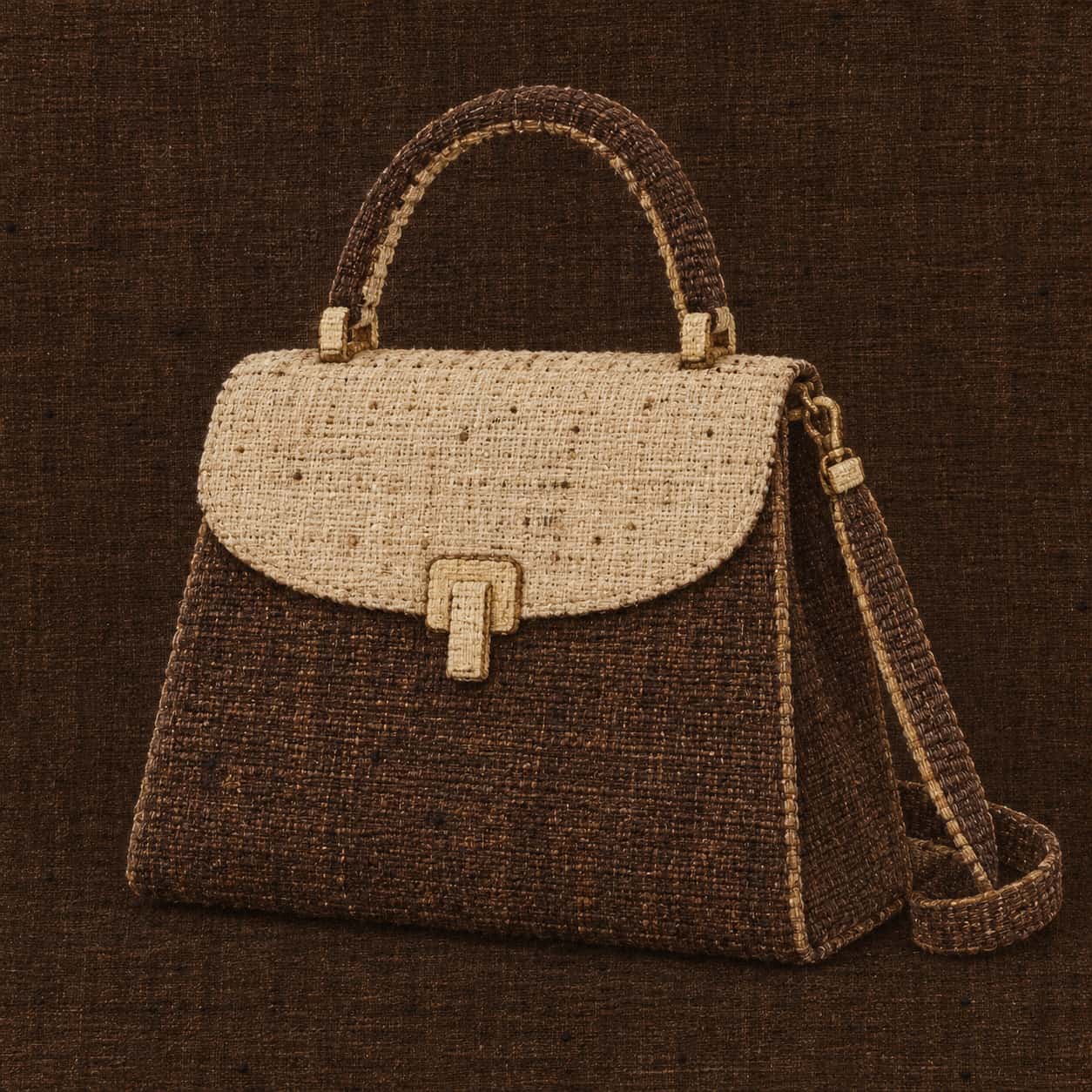 A plain structured top handle handbag with a clean curved flap and a metal clasp is shown in broad dark mud dye fields on woven cloth with cleared cream highlights.