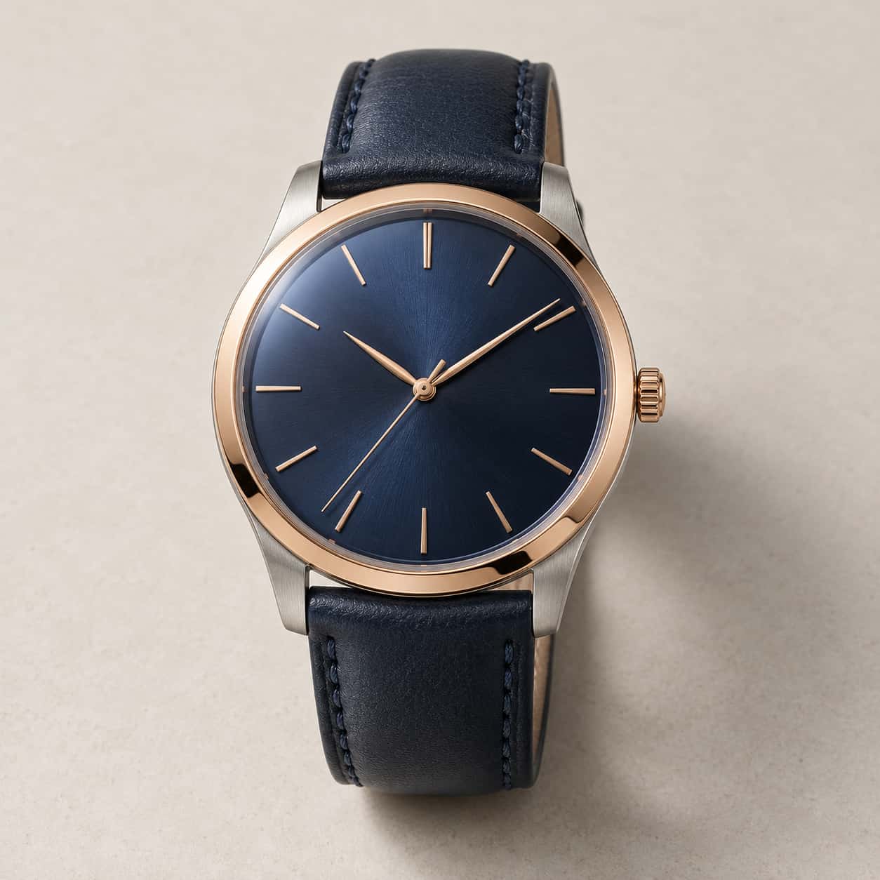 A plain round steel and rose gold wristwatch with a blue sunburst dial and no text lies flat on a pale stone sweep in a soft shadow studio packshot photograph.