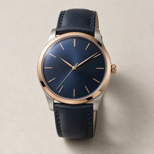 A plain round steel and rose gold wristwatch with a blue sunburst dial and no text lies flat on a pale stone sweep in a soft shadow studio packshot photograph.