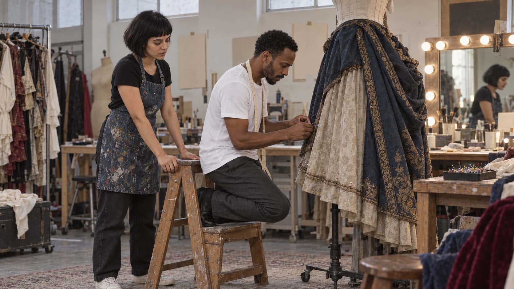 A woman with a short black bob in a paint-splashed denim apron steadies a small wooden step stool with both hands while a tall lean man with a neat black beard in a white shirt kneels on it pinning the hem of a long costume skirt held on a dress form beside a bulb-ringed mirror in soft overhead light.