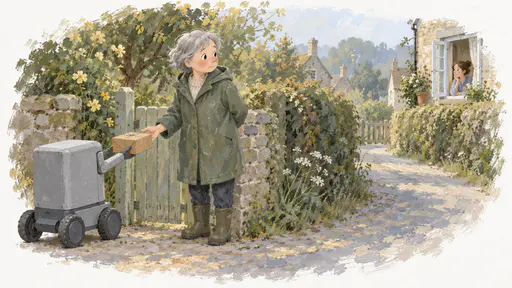A small plain grey wheeled machine at a garden gate holds out a parcel tied with string to a woman with short grey hair in a green raincoat who reaches one hand out and keeps the other behind her back, glancing at a neighbour's open window across the lane.