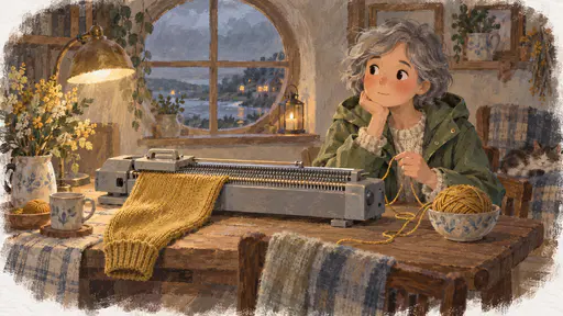 A woman with short grey hair in a green raincoat sits at a cottage table holding loose wool beside a plain grey knitting machine that has finished one sleeve of a mustard jumper and stopped, lamplight and a round evening window behind them.