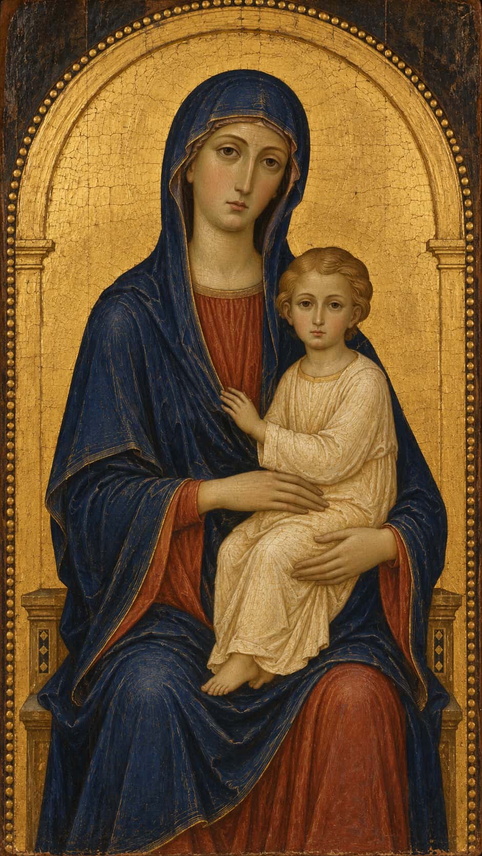 A seated woman in a deep blue mantle holds a small child in a cream garment beneath a simple burnished gold arch in a calm egg tempera devotional panel.
