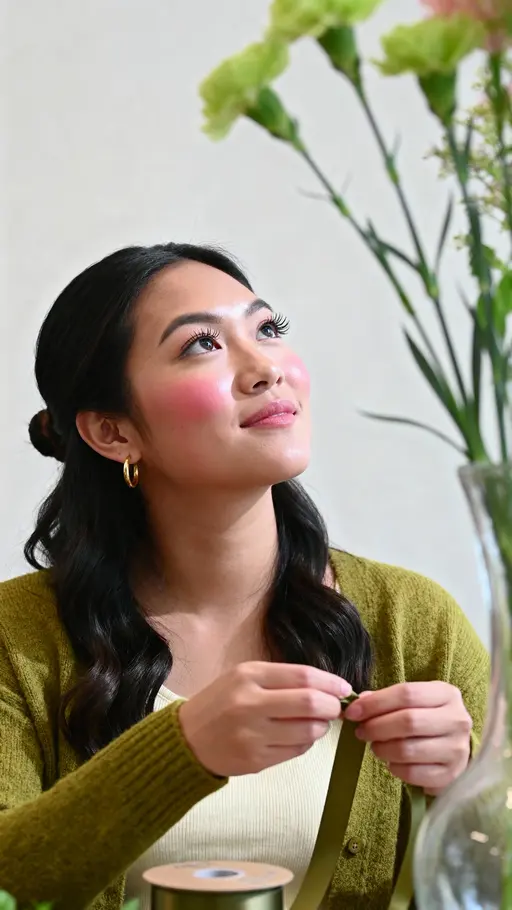 Headshot of Mai, a poised Hmong American florist tying ribbon in a moss-green cardigan and cream top, fair rosy skin and dark wavy hair with crisp iris detail, colors #8AA98B #F6F1E6 #E3B3A1 #2C2A28 #C9A15B.