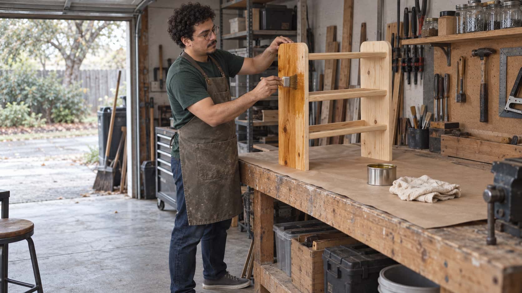 A tall soft-built man with round glasses and curly dark hair in a green t-shirt and canvas apron brushes clear oil onto a sanded pine rack standing on paper on a garage workbench, the wood glowing honey where oiled, with a small tin of oil and a rag beside it.