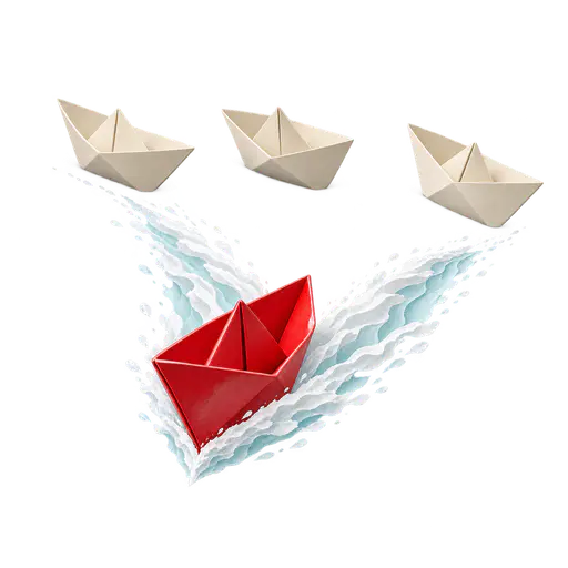Making waves: a glossy red paper boat plows forward on still water, its white V-shaped wake bursting from its bow and spreading outward, tilting a line of three plain paper boats that otherwise sit motionless.