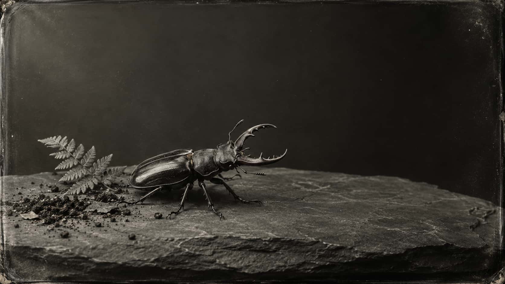 A large male stag beetle with branched mandibles rests on a flat slate slab beside a small fern leaf in a silver toned daguerreotype style photograph with crisp micro detail.