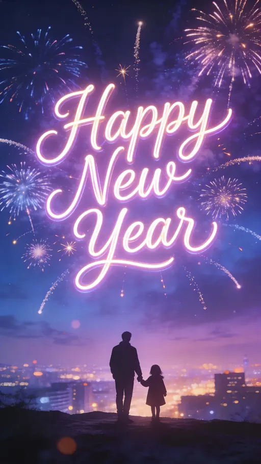 Portrait 9:16 New Year fantasy showing a silhouetted man and child holding hands in the lower foreground, a dreamy purple-blue sky filled with luminous neon calligraphy and arcing fireworks with spark trails above a glowing city skyline.