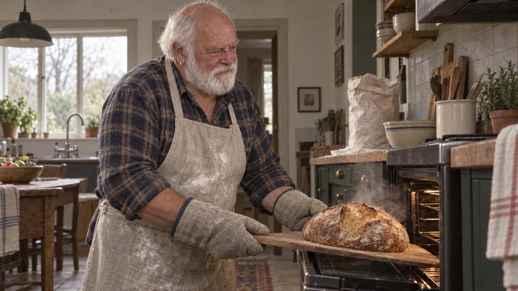A broad white-bearded man with a bald crown and a gold hoop earring in a floury apron and thick oven gloves draws a golden loaf of bread out of an open oven on a wooden peel with steam rising and a bag of flour and a bowl on the counter behind him in late-afternoon light.
