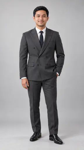 A man with short black hair standing full length in a charcoal double-breasted suit, white shirt, slim dark tie and black shoes on a seamless light grey studio sweep.