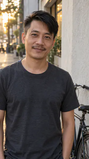 A wiry man in his mid thirties with black hair swept to one side, a thin moustache and a small scar through one eyebrow, in a plain charcoal t-shirt beside a dark bicycle against a pale wall in warm evening light.