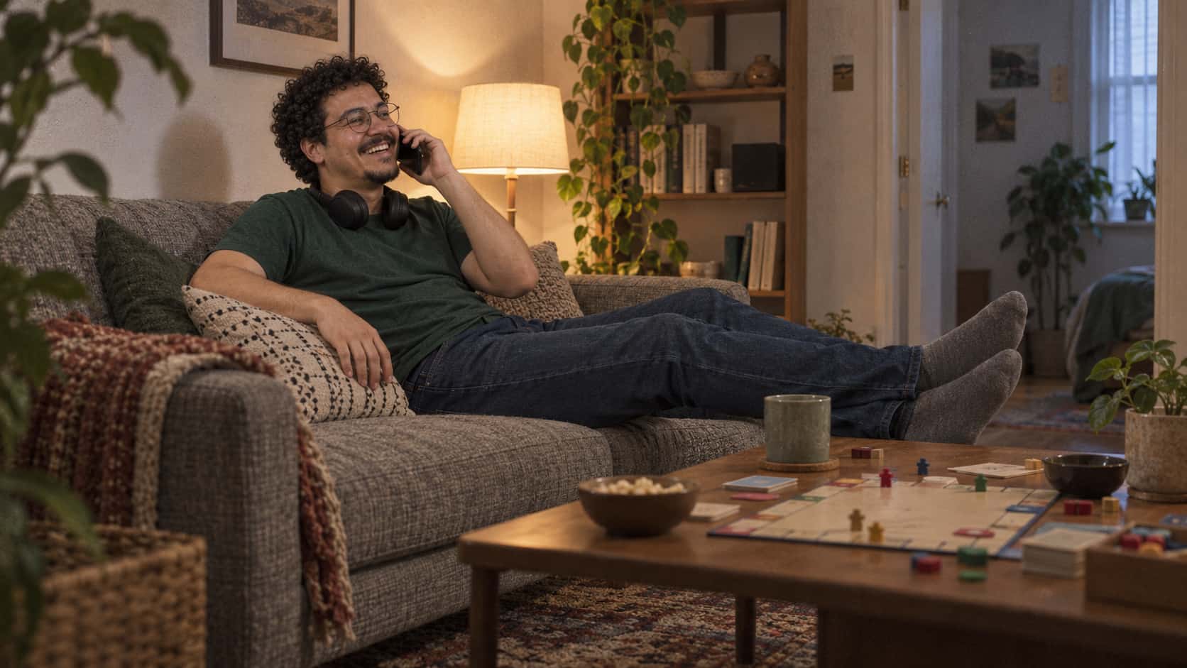 A tall man with round glasses, short curly hair and a chin beard in a green t-shirt sits on a sofa with his feet up and his phone held to his ear laughing, with a half-played board game on the coffee table and headphones round his neck in warm evening light.