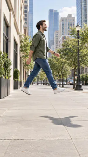 Walking on air: a full-body side-view surreal street photograph of a happy man walking a short way above a city pavement, one foot set flat on nothing and the other mid-step, an open gap beneath both feet and his separate shadow cast on the sidewalk under bright soft daylight.