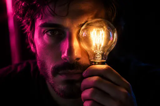 A man's face in a dark studio with a glowing light bulb in front of one eye.