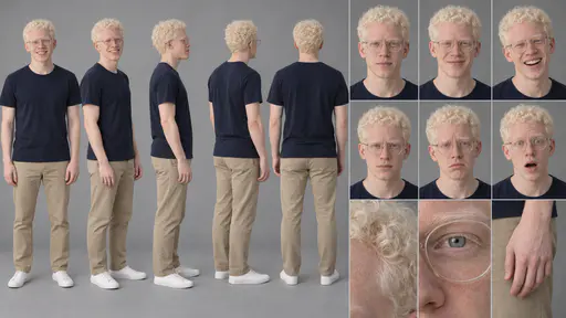A 16:9 studio character sheet of a man with very pale skin and white-blond curls in a navy t-shirt and clear round glasses, khaki trousers and white sneakers, shown in five full-body views, six expressions and three close details.
