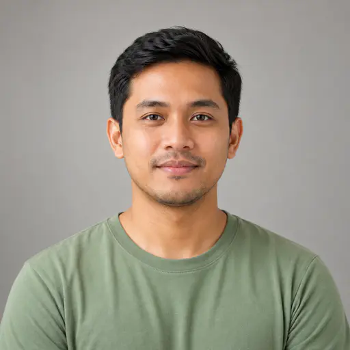 A head-and-shoulders portrait of an adult man with short black hair, light brown skin, dark brown eyes and a light moustache stubble, facing the camera with a neutral expression against a plain warm-grey backdrop.