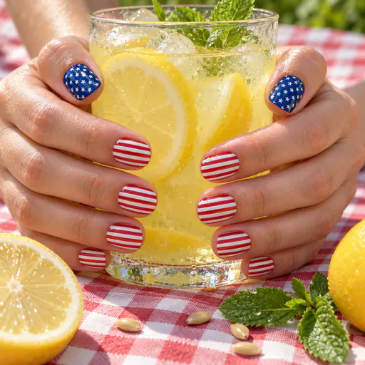 Adult hands with flag manicure across ten nails cupping a lemonade glass on checked cloth.