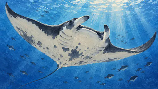 A giant manta ray glides through clear blue open water with wide wings spread, a pale underside with dark spots, shafts of sunlight and small fish drifting around.