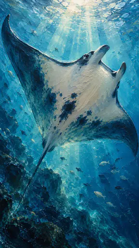 A giant manta ray glides through clear blue open water with wide wings spread, a pale underside with dark spots, shafts of sunlight and small fish drifting around.