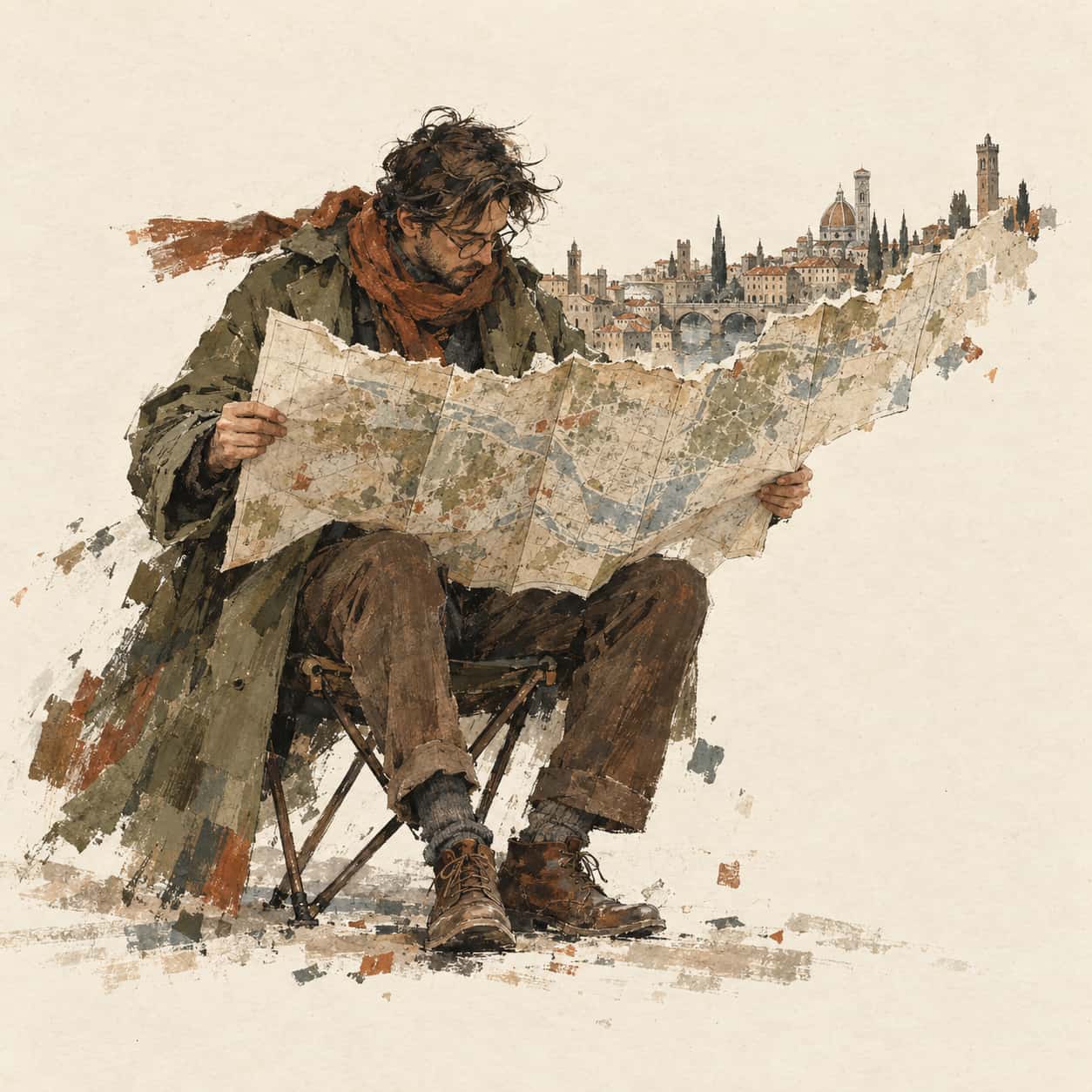 A seated cartographer holds open a folded map as its torn upper edge becomes a sparse skyline around the figure.