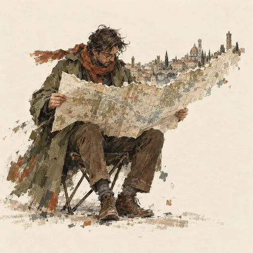 A seated cartographer holds open a folded map as its torn upper edge becomes a sparse skyline around the figure.
