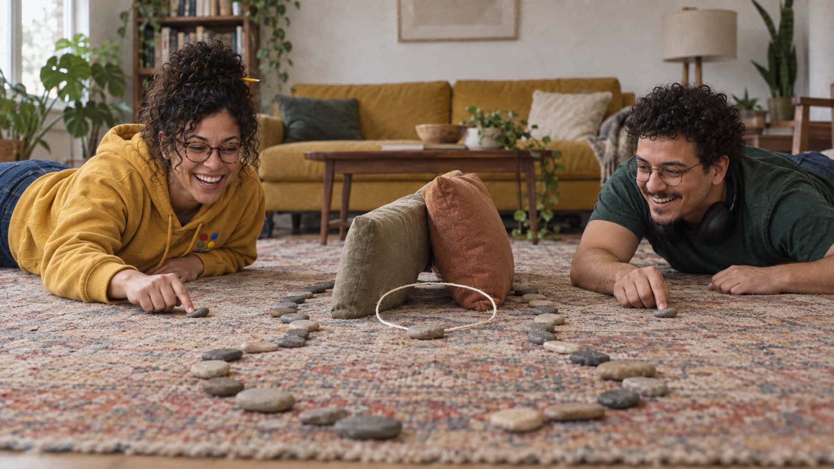 A woman with round glasses and a curly bun and a tall man with round glasses lie on their stomachs at opposite ends of a winding stone route on a rug each flicking a small pebble with one finger and laughing beside a cushion wall.