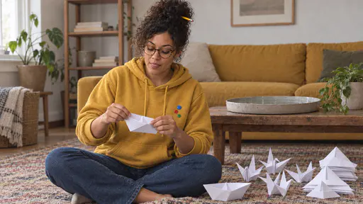 A woman with round glasses and a curly bun sits cross-legged on a rug folding a sheet of plain white paper into a small boat beside a pile of folded cranes and hats with a shallow tray of water on a low table behind her.