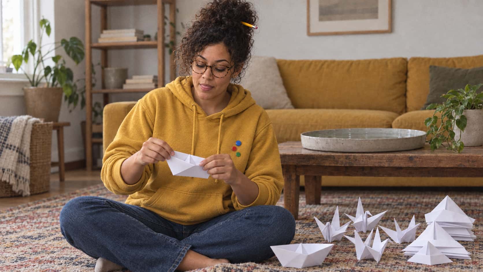 A woman with round glasses and a curly bun sits cross-legged on a rug folding a sheet of plain white paper into a small boat beside a pile of folded cranes and hats with a shallow tray of water on a low table behind her.