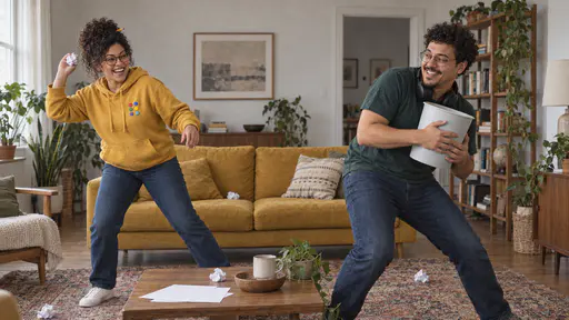 A woman with round glasses and a curly bun stands with a raised arm and a paper ball ready to throw while a tall man with round glasses and headphones leans sideways holding a plain bucket against his chest, both laughing, by a mustard sofa.