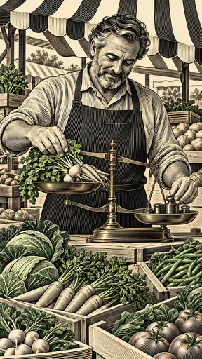 A middle aged grocer in an apron carefully weighs a pile of fresh vegetables on a brass scale at a market stall with pride in his attentive face and crates of produce and a striped awning behind.