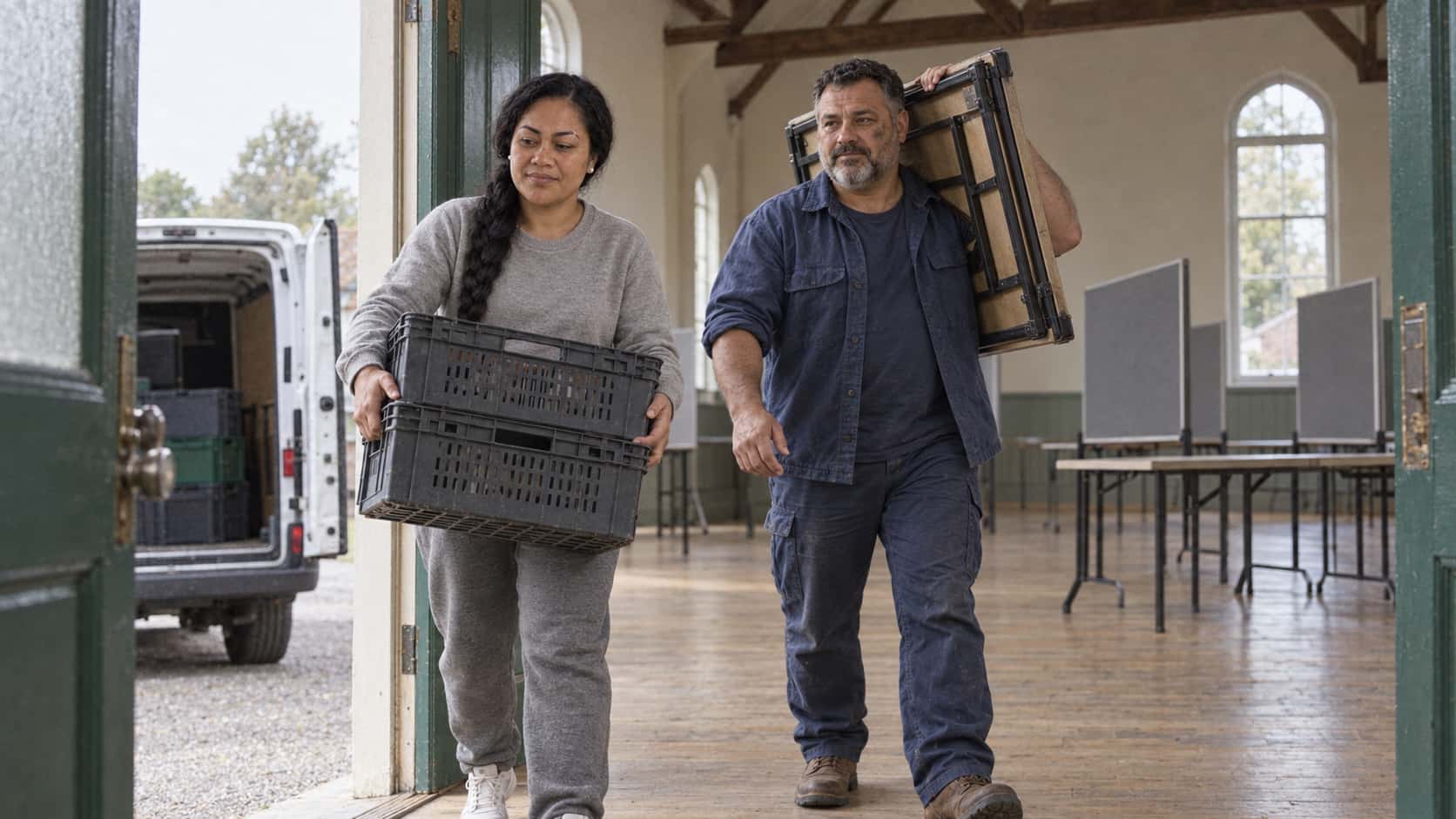 A woman with a long black braid in a grey tracksuit carries a stack of plain crates and a stocky grey-bearded man in a blue shirt carries a folded trestle through the open green double doors of a timber-beamed hall with empty market stalls inside in cool light.