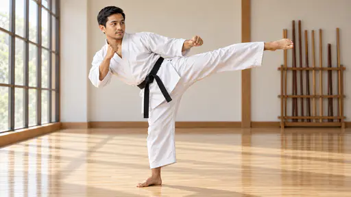 A man in a white training jacket and black belt frozen at the peak of a high side kick on a maple dojo floor, a window wall at left and a rack of staves behind.