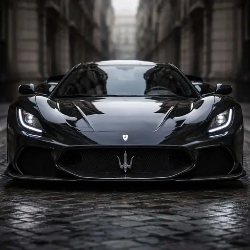 Front-facing Maserati hypercar photographed in an urban courtyard as a glossy product-photography poster image with dramatic reflections and tight square crop.
