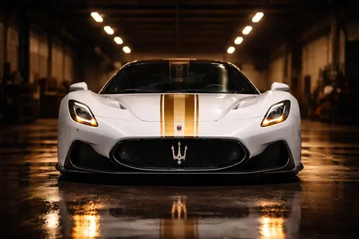Front-facing Maserati supercar photographed in an industrial garage, glossy white with gold accents and warm reflections, framed for a 3:2 poster-cover composition.