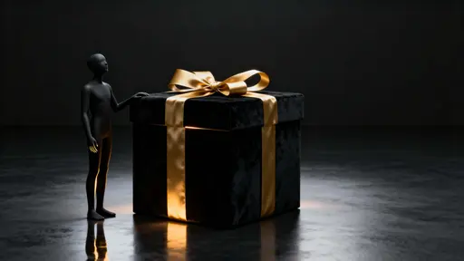 A matte black faceless figure stands left-of-center in a 16:9 stylized studio void, hands resting on a velvety black cubic gift wrapped with a satin gold ribbon as a warm glow seeps from its lid.