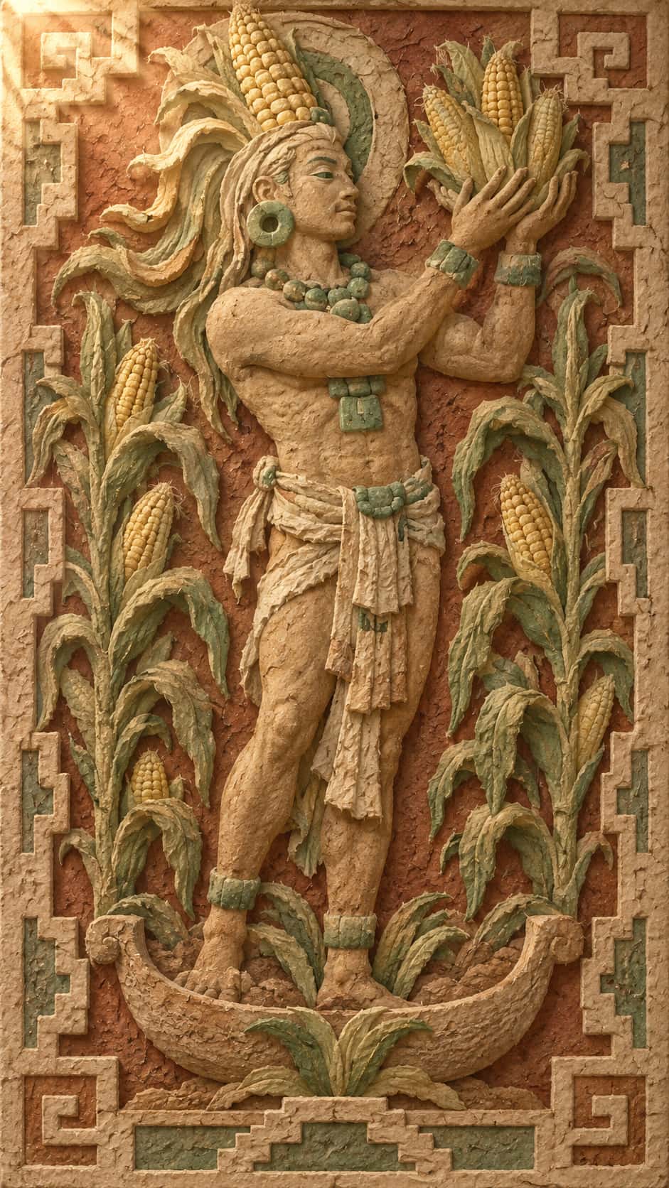 The young Maya Maize God with an elongated head, jade ornaments and long maize silk hair raises a bundle of corn among tall maize stalks in pressed paper pulp relief.