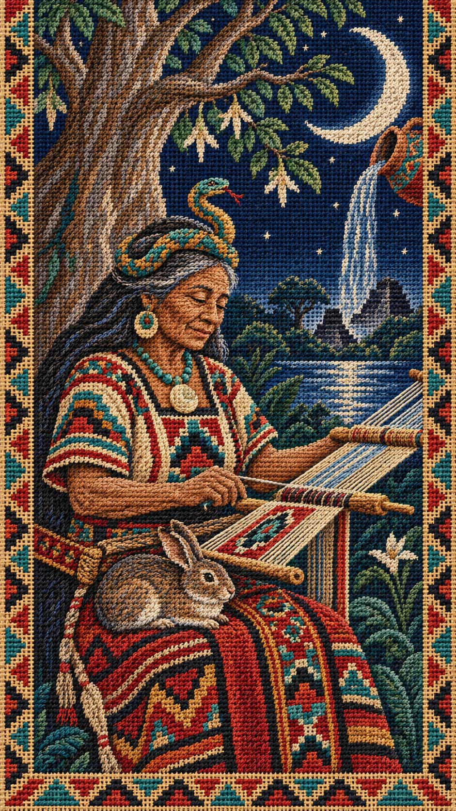 The Maya moon goddess Ixchel with a coiled serpent crown weaves at a backstrap loom with a rabbit on her lap beneath a crescent moon and a ceiba tree in stitched yarn.