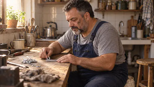A stocky grey-bearded mechanic in dark blue overalls sits on an upturned bucket at a low bench measuring a new rubber washer against a plain steel ruler with notch marks, a pack of new washers beside it.
