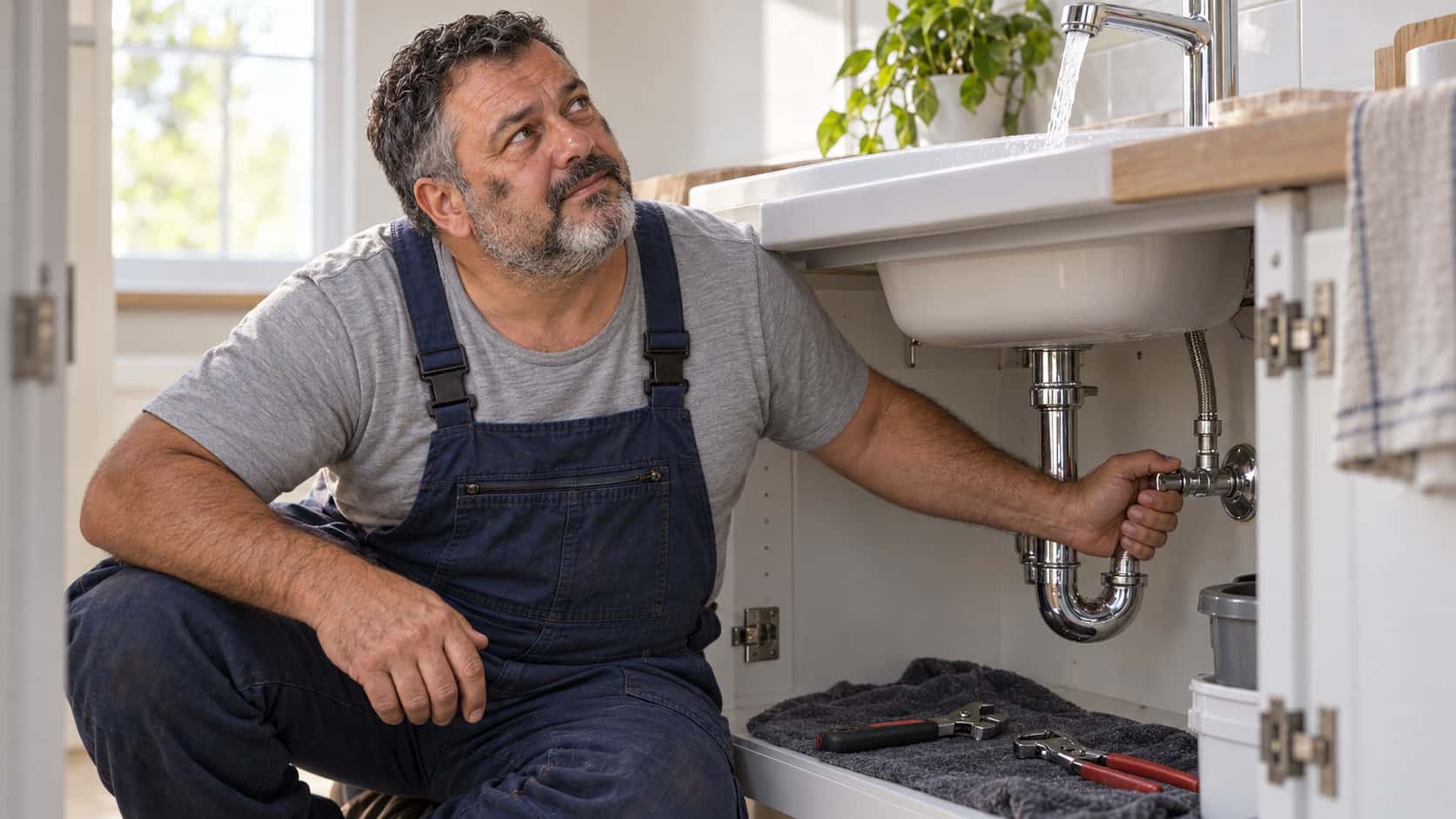 A stocky grey-bearded mechanic in dark blue overalls crouches under a white kitchen sink turning a small chrome valve with one hand while looking up at the tap above, which runs a clear steady stream into the basin in soft window light.