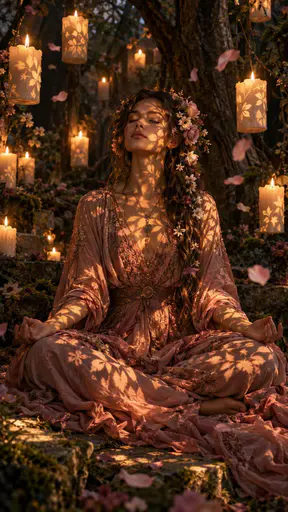 An adult enchantress with flowers in her hair sits cross legged in meditation with her eyes closed surrounded by floating lit candles and drifting petals in a dim sacred grove.