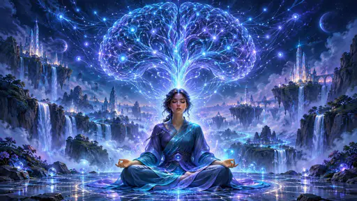 A meditating figure sits beneath a glowing circuit-brain network.