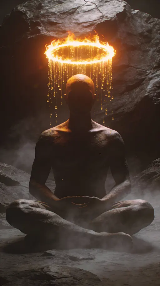 Vertical 9:16 cinematic scene of a meditating human seated cross-legged in a dark rocky cavern, face hidden in shadow beneath a glowing fiery halo and dripping golden particles.
