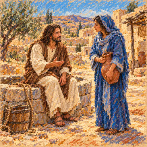 A seated figure in a linen tunic and brown mantle speaks with a woman in a blue robe holding an empty water jar beside a stone well under a hot noon sky in oil pastel.