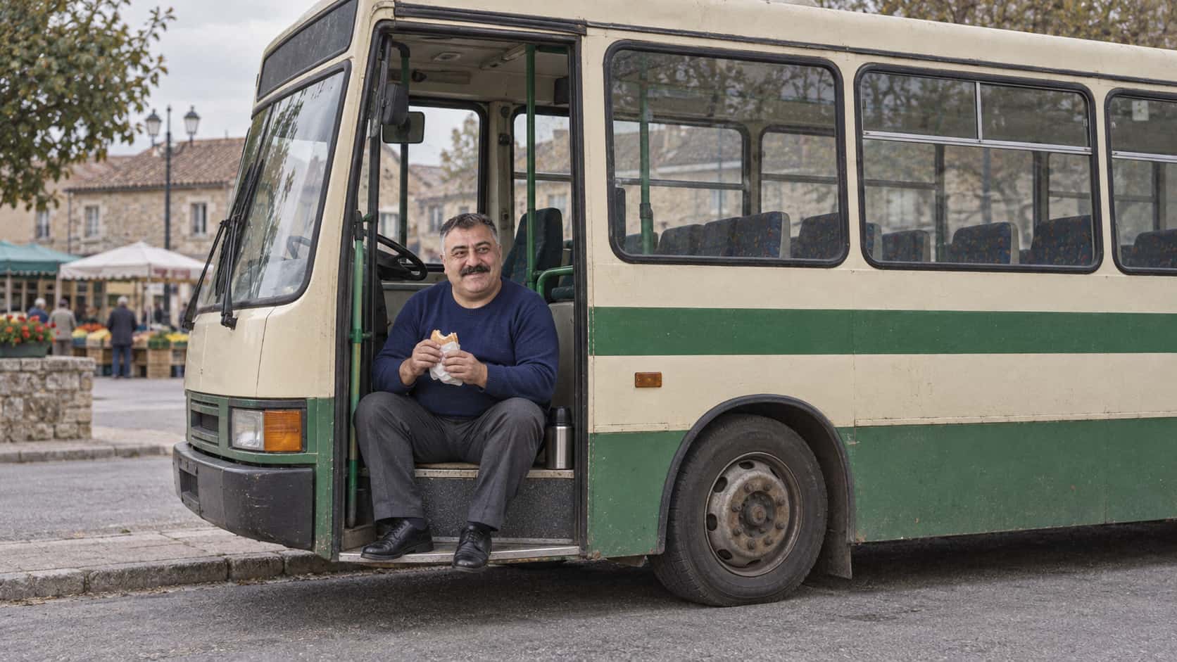 A heavyset bus driver with a wide moustache in a navy sweater sits on the front step of a parked small cream and green rural bus eating a sandwich from a paper wrapper with a flask beside him at midday.