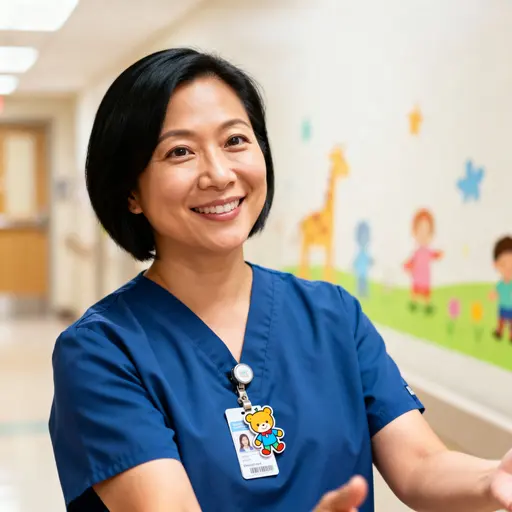 Half-body portrait of Mei Lin, 45, a Chinese American pediatric nurse in soft-blue scrubs (#8FBCE6) with a pale-yellow badge (#FFD66B), warm skin tones (#E7B89A), a gentle smile, even light, and a pale-gray hallway (#F2F4F6) with teal (#6FC