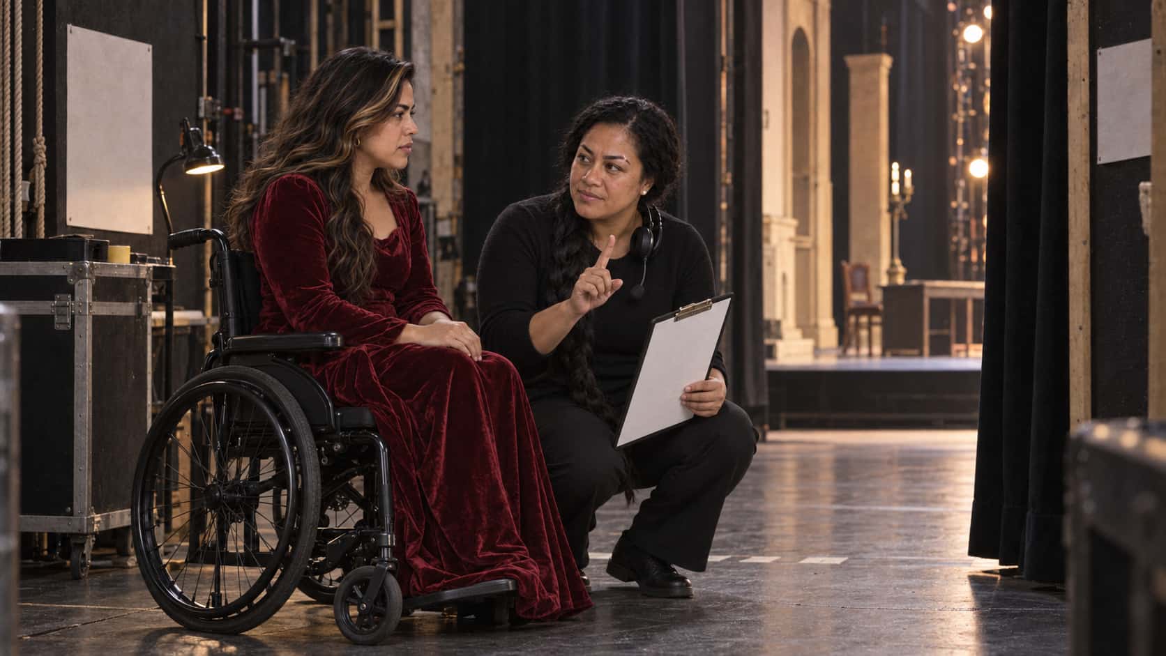 A Samoan woman with a long black braid and a headset round her neck crouches slightly beside a woman in a plain black manual wheelchair and a long dark red velvet gown at the edge of the wing and gives her a quiet cue with one raised finger and a calm nod holding a blank clipboard in warm side light.