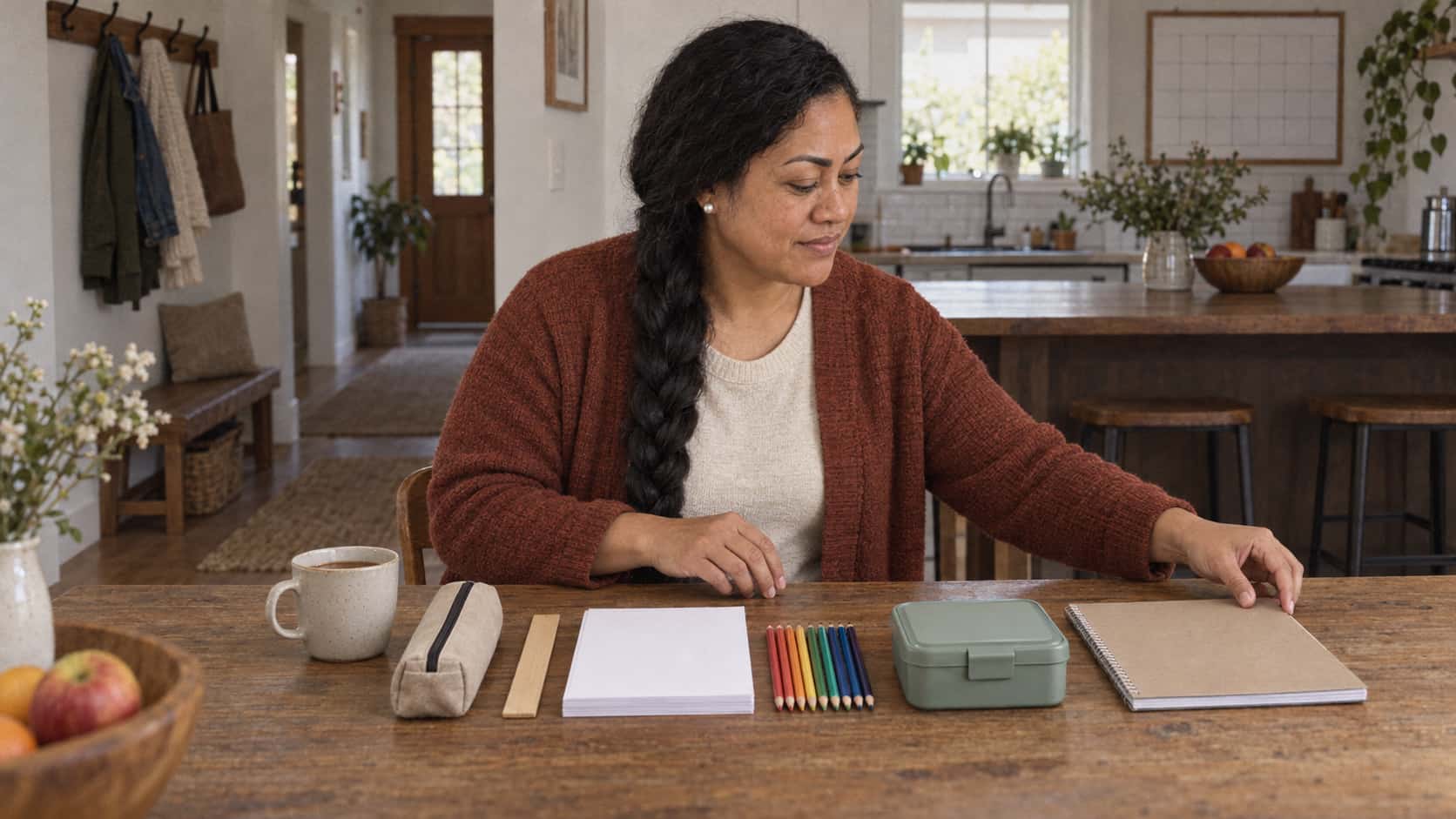 A woman with a long black braid in a rust cardigan arranges a pencil case, a ruler, a ream of paper, a set of coloured pencils and a plain lunch box in a neat row on a long wooden kitchen table beside a cooling mug of tea in warm light.